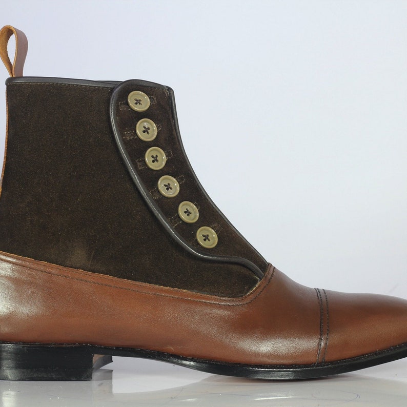 Men Handmade Brown Leather Suede Button Boots Mens Cap Toe