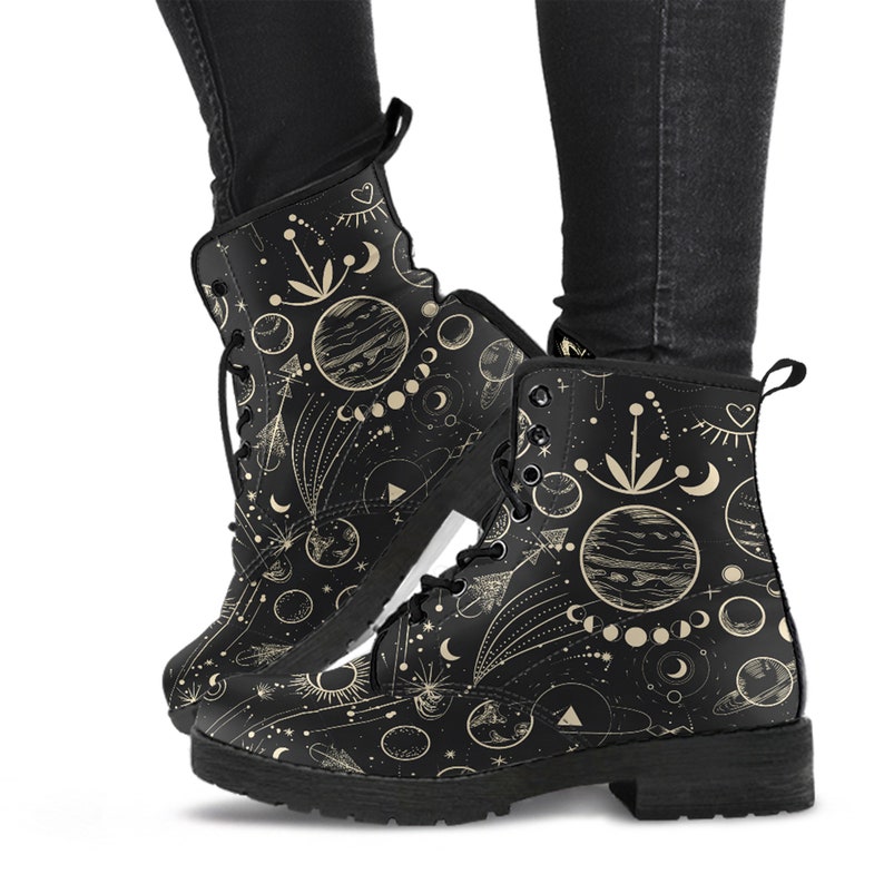 Combat Boots Women's Moon Phases Abstract Leather Boots