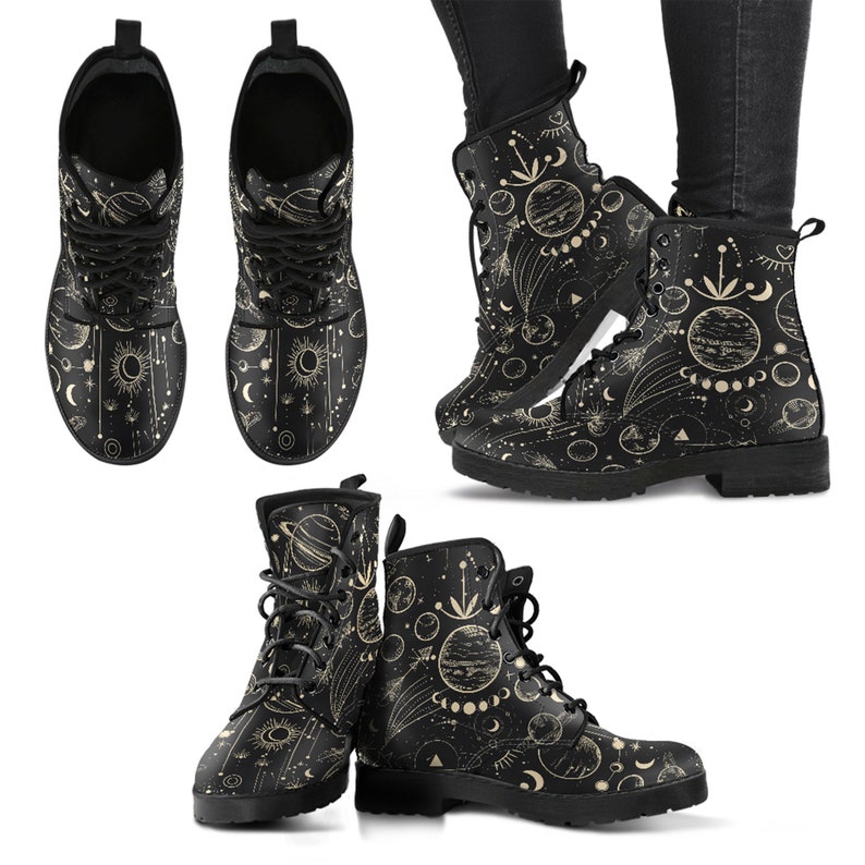Combat Boots Women's Moon Phases Abstract Leather Boots